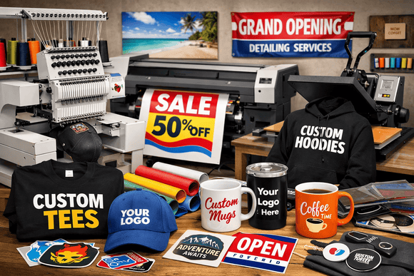 Print shop supplies including DTG, DTF, UV, sublimation, embroidery, vinyl and wide format printing equipment