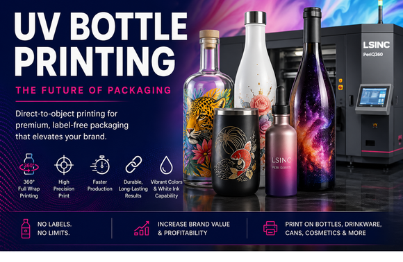 UV bottle printing process using LSINC Peri Series direct-to-object printer for 360 degree printing on glass bottles, drinkware, and packaging