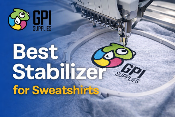 Embroidery on fleece sweatshirt with 3 oz cut away stabilizer to prevent puckering and distortion in knit fabric