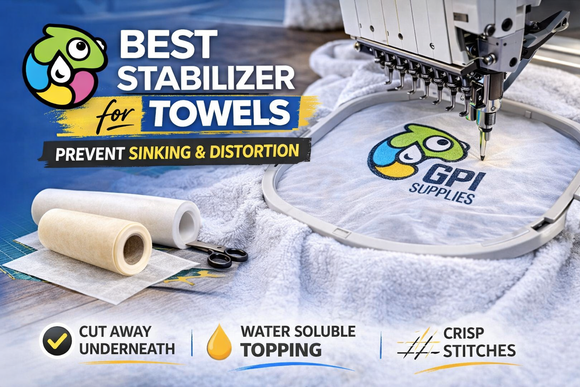 Towel embroidery with cut away stabilizer underneath and water soluble topping to prevent stitches from sinking
