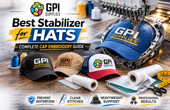 Structured hat embroidery using heavyweight cap backing stabilizer for curved panel and high stitch density logos
