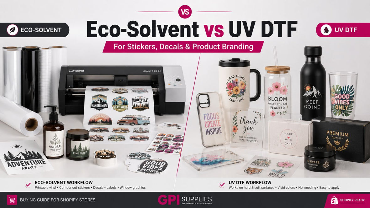 Eco-solvent vs UV DTF workflow comparison for stickers, decals, product labels, cups, bottles, packaging, and product branding