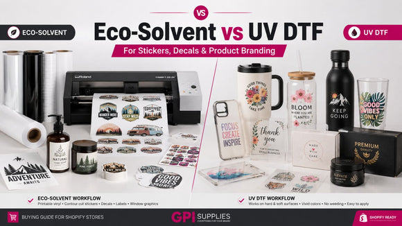 Eco-solvent vs UV DTF workflow comparison for stickers, decals, product labels, cups, bottles, packaging, and product branding