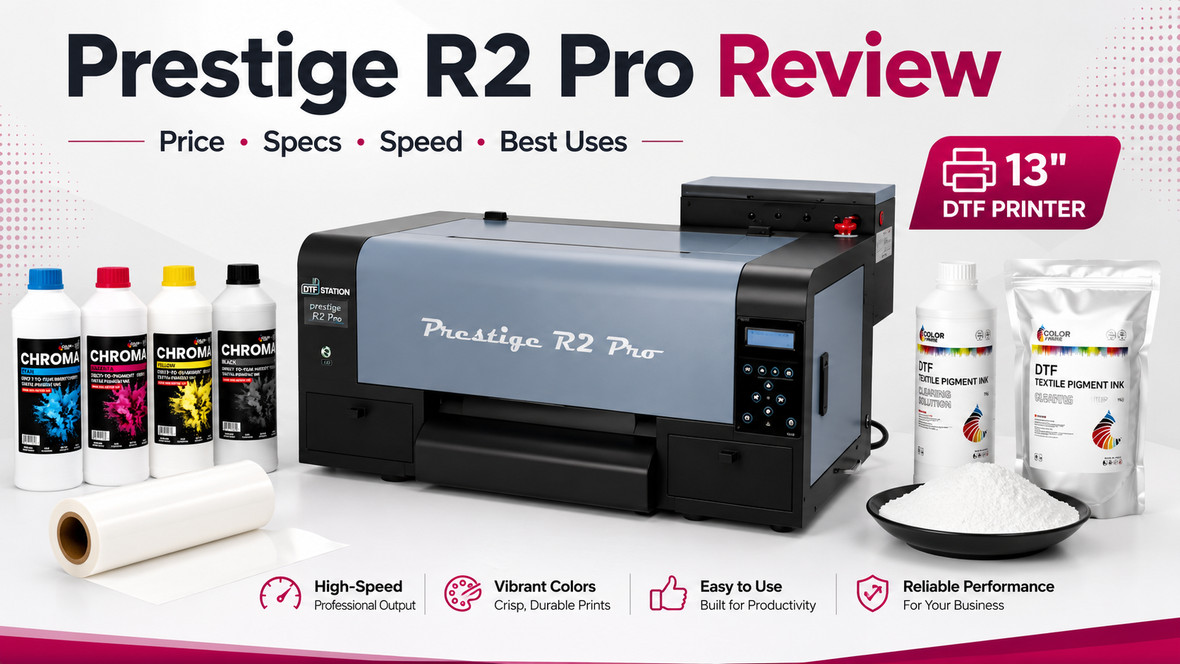 Prestige R2 Pro DTF printer review covering price, dual Epson i1600 printheads, speed and specifications