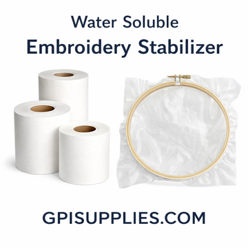 Water Soluble Embroidery Stabilizer rolls and embroidery hoop on white background for machine embroidery projects