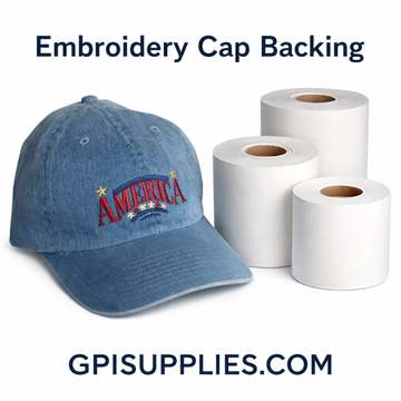 Embroidery cap backing rolls for structured hats displayed with embroidered baseball cap, premium stabilizer for professional embroidery machines – GPI Supplies