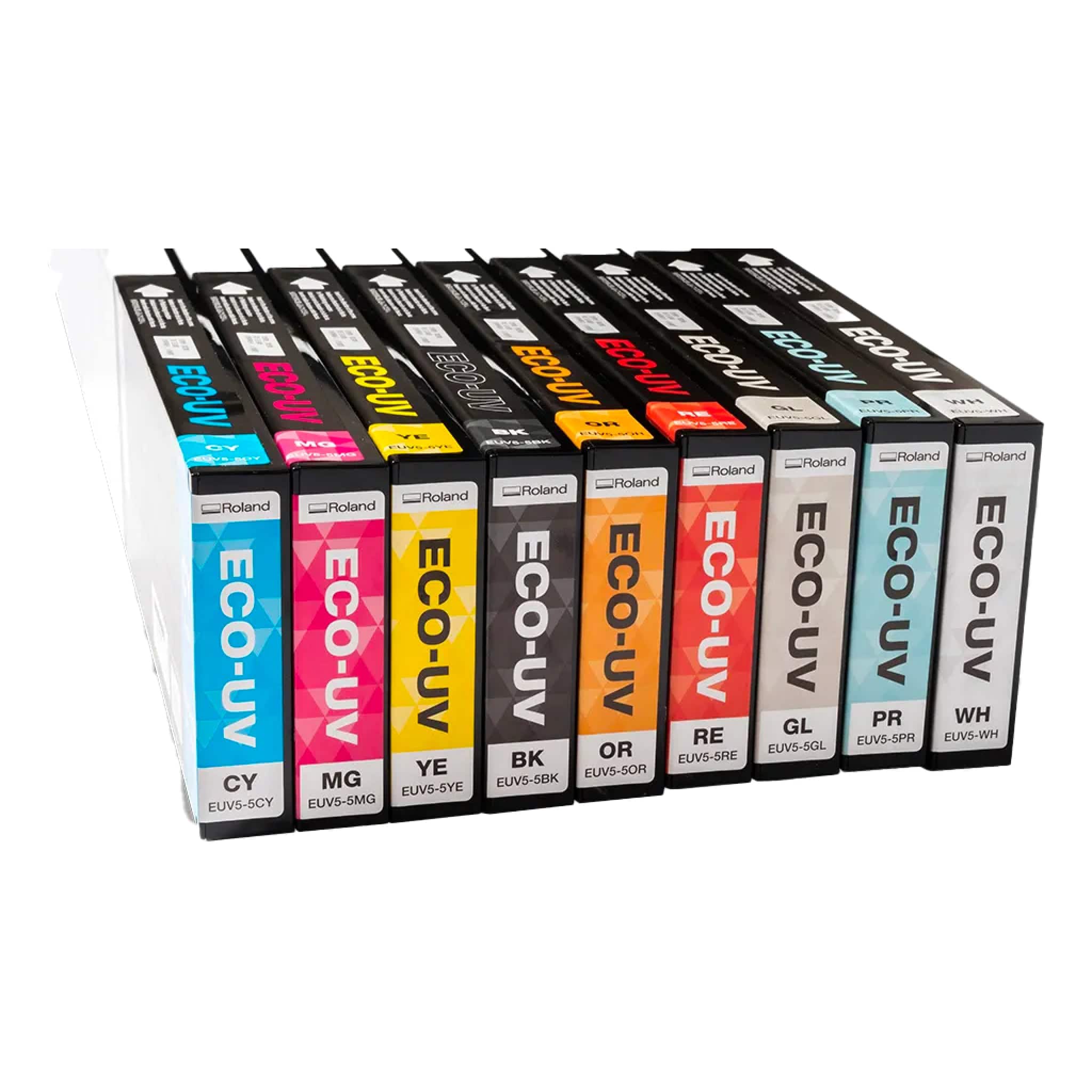 UV printer ink cartridges for Roland ECO-UV printers (EUV5 series, CMYK + white, gloss and primer)