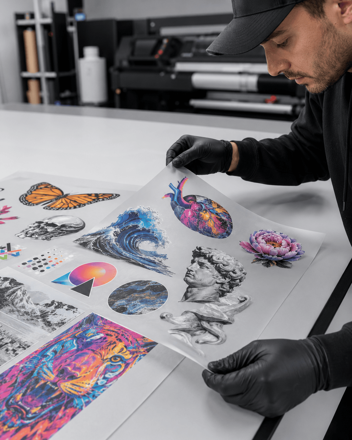 Print shop operator inspecting a colorful DTF gang sheet with multiple sample designs for print quality and detail.